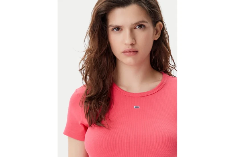 Tommy Jeans Slim Essential Rib Γυναικείο Κοντομάνικο T-Shirt Ροζ