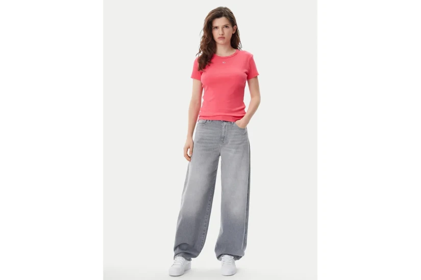 Tommy Jeans Slim Essential Rib Γυναικείο Κοντομάνικο T-Shirt Ροζ