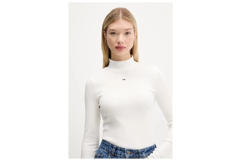 Tommy Jeans Slim Fit Γυναικεία Μακρυμάνικη Μπλούζα με Ψηλό Λαιμό Εκρού