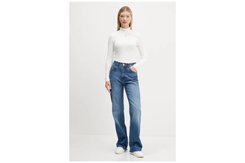 Tommy Jeans Slim Fit Γυναικεία Μακρυμάνικη Μπλούζα με Ψηλό Λαιμό Εκρού