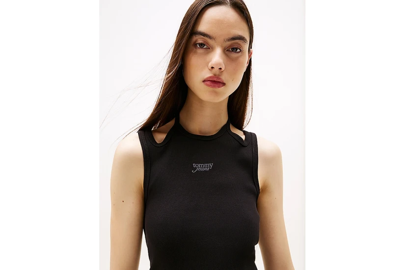Tommy Jeans Ribbed Slim Halterneck Γυναικεία Αμάνικη Μπλούζα Μαύρη