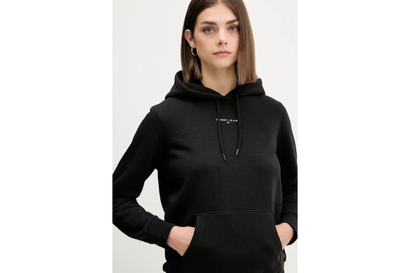 Tommy Jeans Linear Logo Fleece Γυναικείο Φούτερ με Κουκούλα Μαύρο