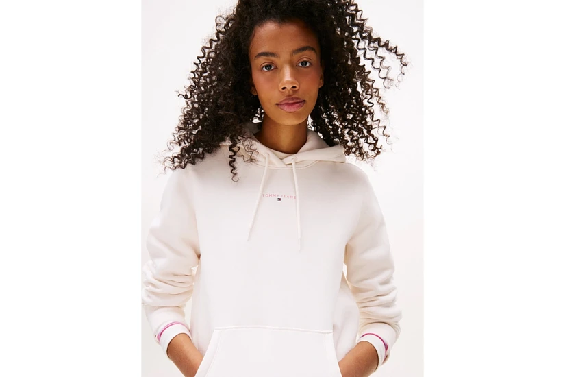 Tommy Jeans Linear Logo Fleece Γυναικείο Φούτερ με Κουκούλα Εκρού