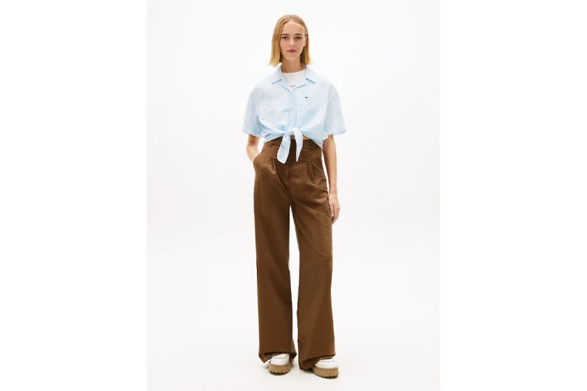 Tommy Jeans Linen Blend Tie Front Γυναικείο Κοντομάνικο Πουκάμισο Γαλάζιο, Λευκό