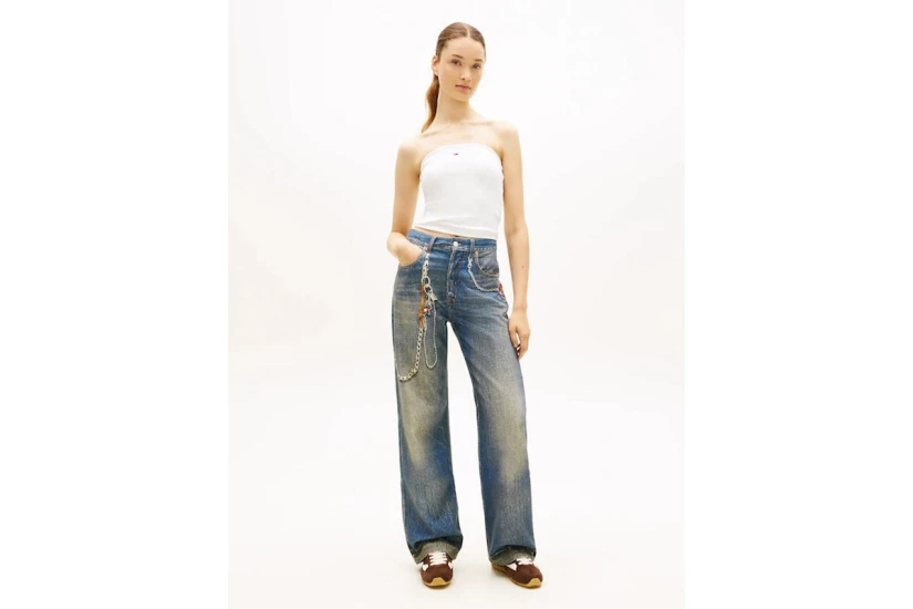 Tommy Jeans Slim Bandeau Rib Γυναικείο Αμάνικο Top Εκρού
