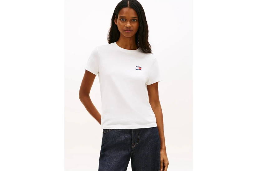 Tommy Jeans Wavy Flag Back Logo Jersey Γυναικείο Κοντομάνικο T-Shirt Εκρού, Κόκκινο