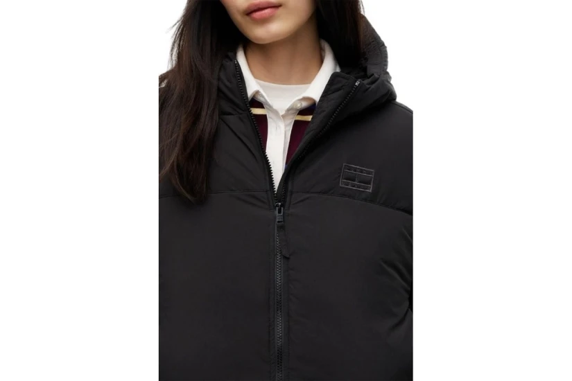 Tommy Jeans Hooded Flag Γυναικείο Μπουφάν Puffer με Κουκούλα Μαύρο