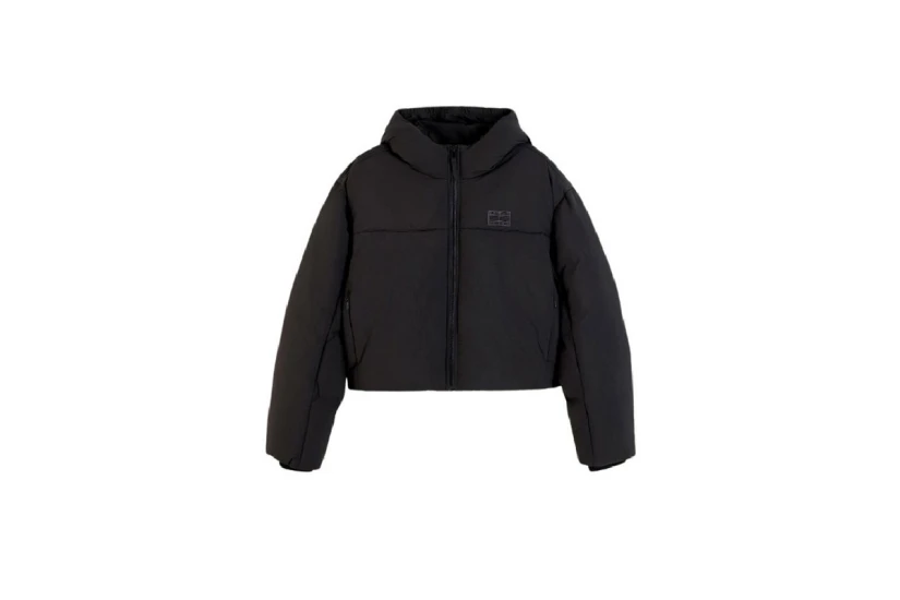 Tommy Jeans Hooded Flag Γυναικείο Μπουφάν Puffer με Κουκούλα Μαύρο
