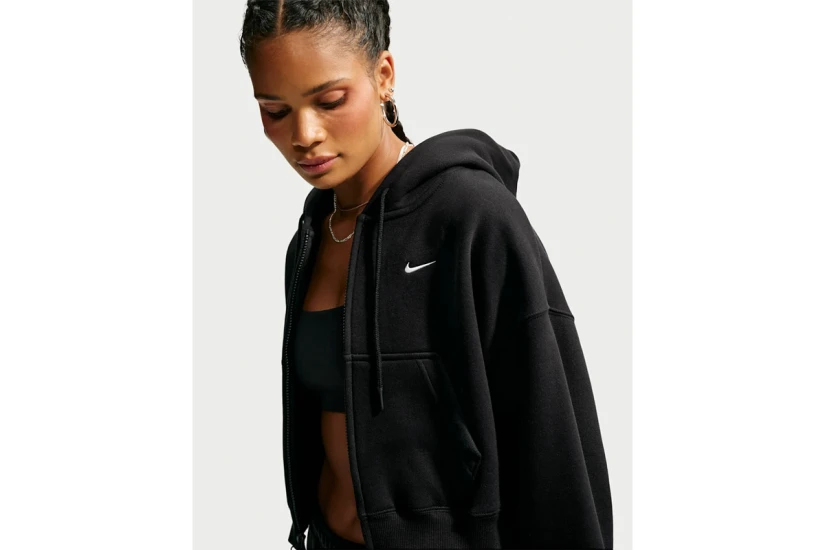 Nike Studio Fleece Oversized Cropped Γυναικεία Βαμβακερή Ζακέτα με Κουκούλα Μαύρη