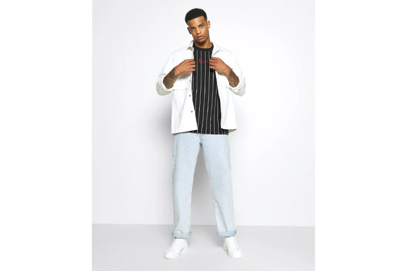 Karl Kani Small Signature Pinstripe Mesh Ανδρικό Κοντομάνικο T-Shirt Μαύρο, Λευκό