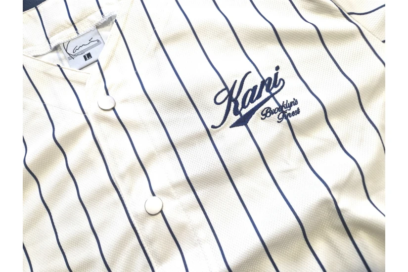 Karl Kani Cursive Varsity Pins Ανδρικό Κοντομάνικο Πουκάμισο Εκρού, Μπλε Σκούρο