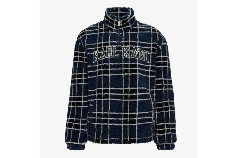 Karl Kani Victorian Check Teddy Troyer Ανδρική Μακρυμάνικη Μπλούζα Fleece με Φερμουάρ Μπλε Σκούρο, Λευκό