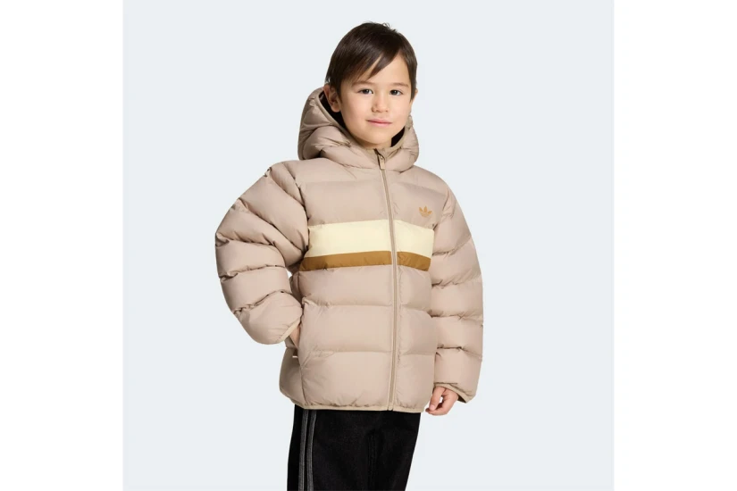 Adidas Originals Blocking Παιδικό Μπουφάν Puffer με Κουκούλα Μπεζ, Κίτρινο, Καφέ