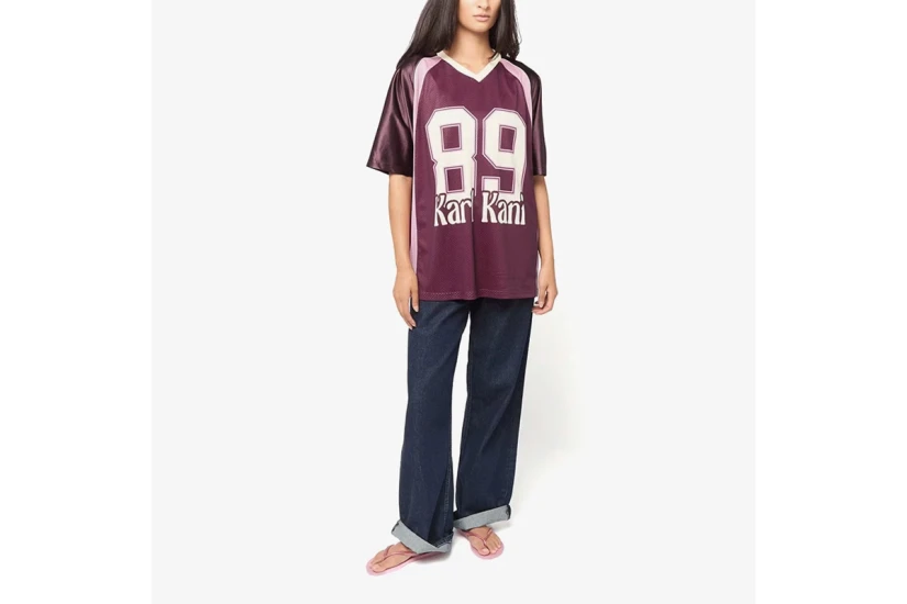 Karl Kani OG 89 Round Serif Football Jersey Γυναικείο Κοντομάνικο T-Shirt Βυσσινί, Μπεζ, Ροζ