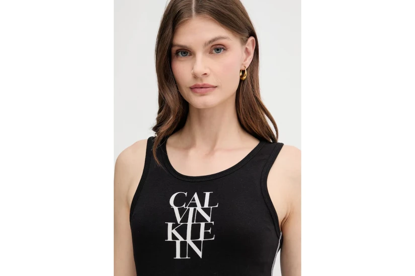 Calvin Klein Logo Graphic Ribbed Γυναικείο Φόρεμα Mini Μαύρο