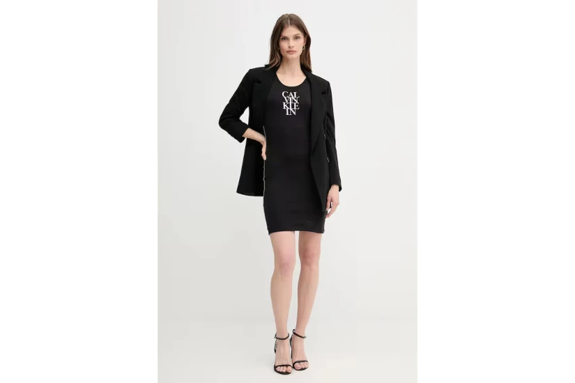 Calvin Klein Logo Graphic Ribbed Γυναικείο Φόρεμα Mini Μαύρο