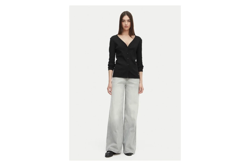 Calvin Klein Woven Label Baby Rib Γυναικεία Βαμβακερή Ζακέτα Μαύρη