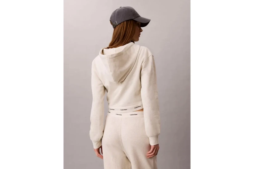 Calvin Klein Cropped Logo Γυναικεία Βαμβακερή Ζακέτα με Κουκούλα Εκρού