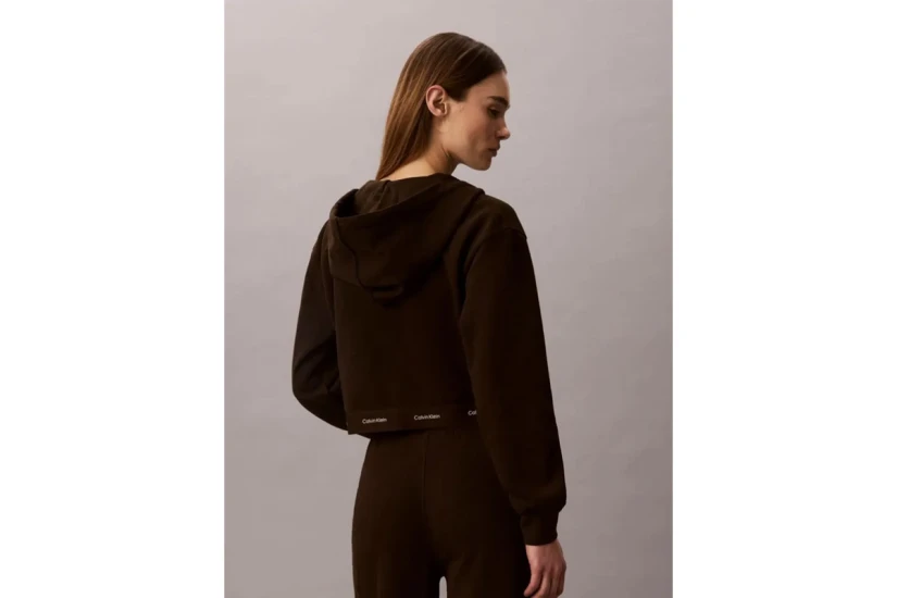 Calvin Klein Cropped Logo Γυναικεία Βαμβακερή Ζακέτα με Κουκούλα Καφέ