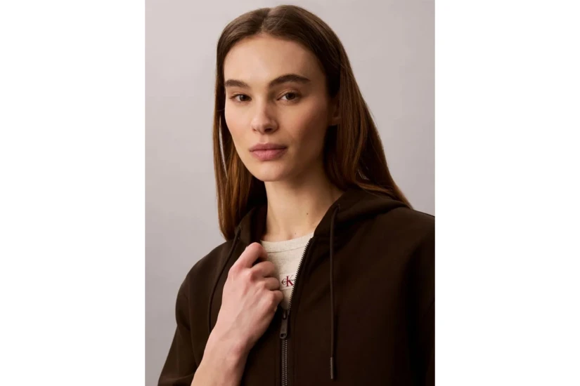 Calvin Klein Cropped Logo Γυναικεία Βαμβακερή Ζακέτα με Κουκούλα Καφέ