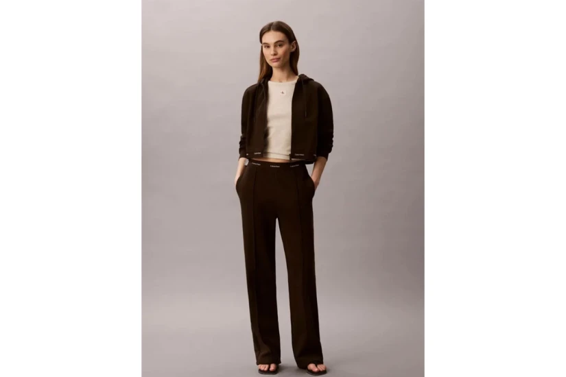 Calvin Klein Cropped Logo Γυναικεία Βαμβακερή Ζακέτα με Κουκούλα Καφέ