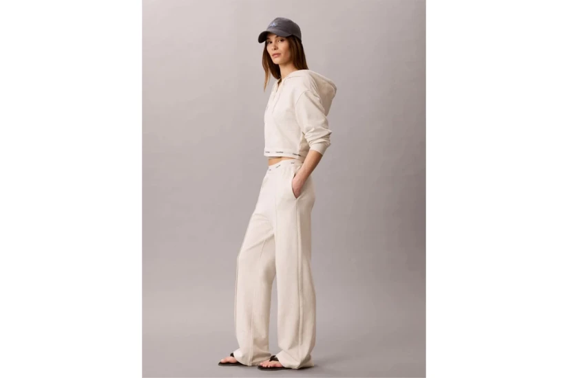 Calvin Klein Logo Waistband Wide Leg Γυναικείο Παντελόνι Φόρμας Εκρού