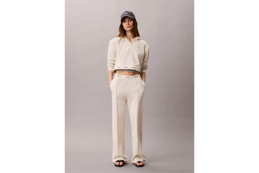 Calvin Klein Logo Waistband Wide Leg Γυναικείο Παντελόνι Φόρμας Εκρού