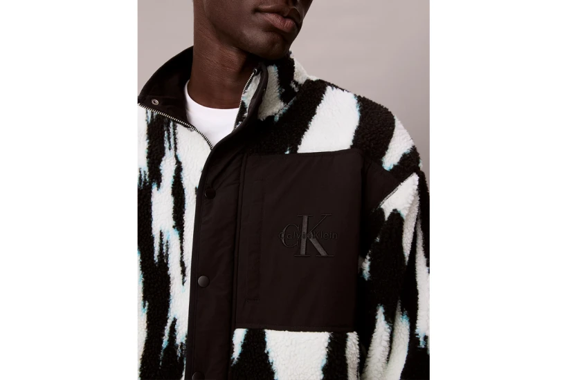 Calvin Klein Printed Relaxed Ανδρικό Μπουφάν Sherpa Μαύρο, Λευκό