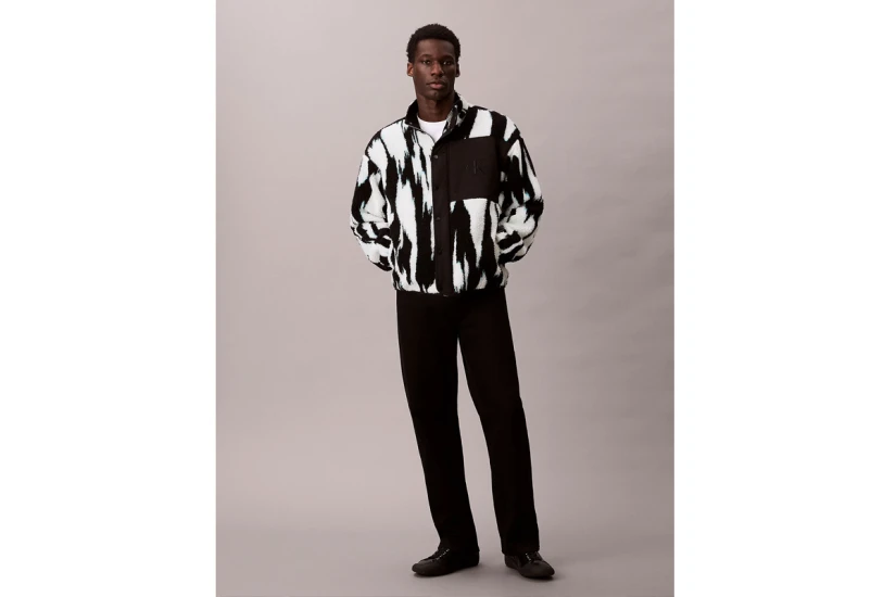 Calvin Klein Printed Relaxed Ανδρικό Μπουφάν Sherpa Μαύρο, Λευκό