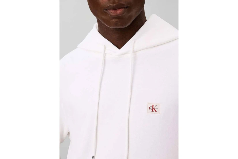 Calvin Klein French Terry Woven Label Ανδρικό Φούτερ με Κουκούλα Λευκό
