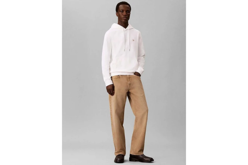 Calvin Klein French Terry Woven Label Ανδρικό Φούτερ με Κουκούλα Λευκό