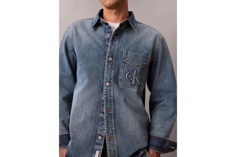 Calvin Klein Embossed Denim Ανδρικό Μακρυμάνικο Πουκάμισο Μπλε