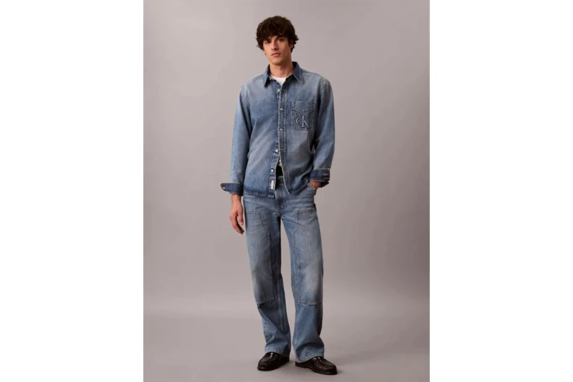 Calvin Klein Embossed Denim Ανδρικό Μακρυμάνικο Πουκάμισο Μπλε