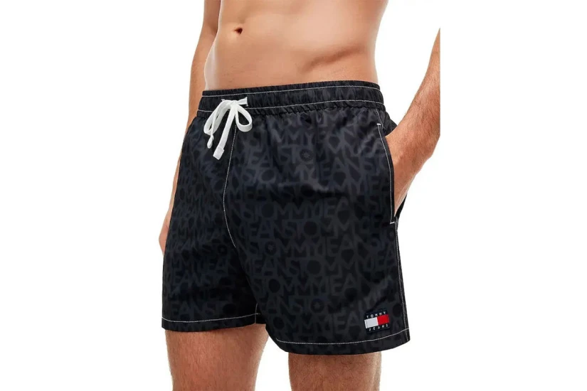 Tommy Jeans Medium Drawstring Allover Print Ανδρικό Μαγιό Σορτς Ανθρακί, Μαύρο